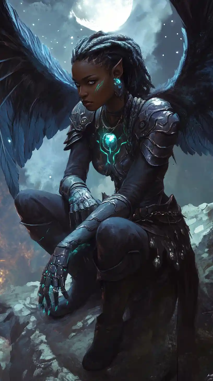 Dark armored fairy crouching on moonlit rocky cliffs