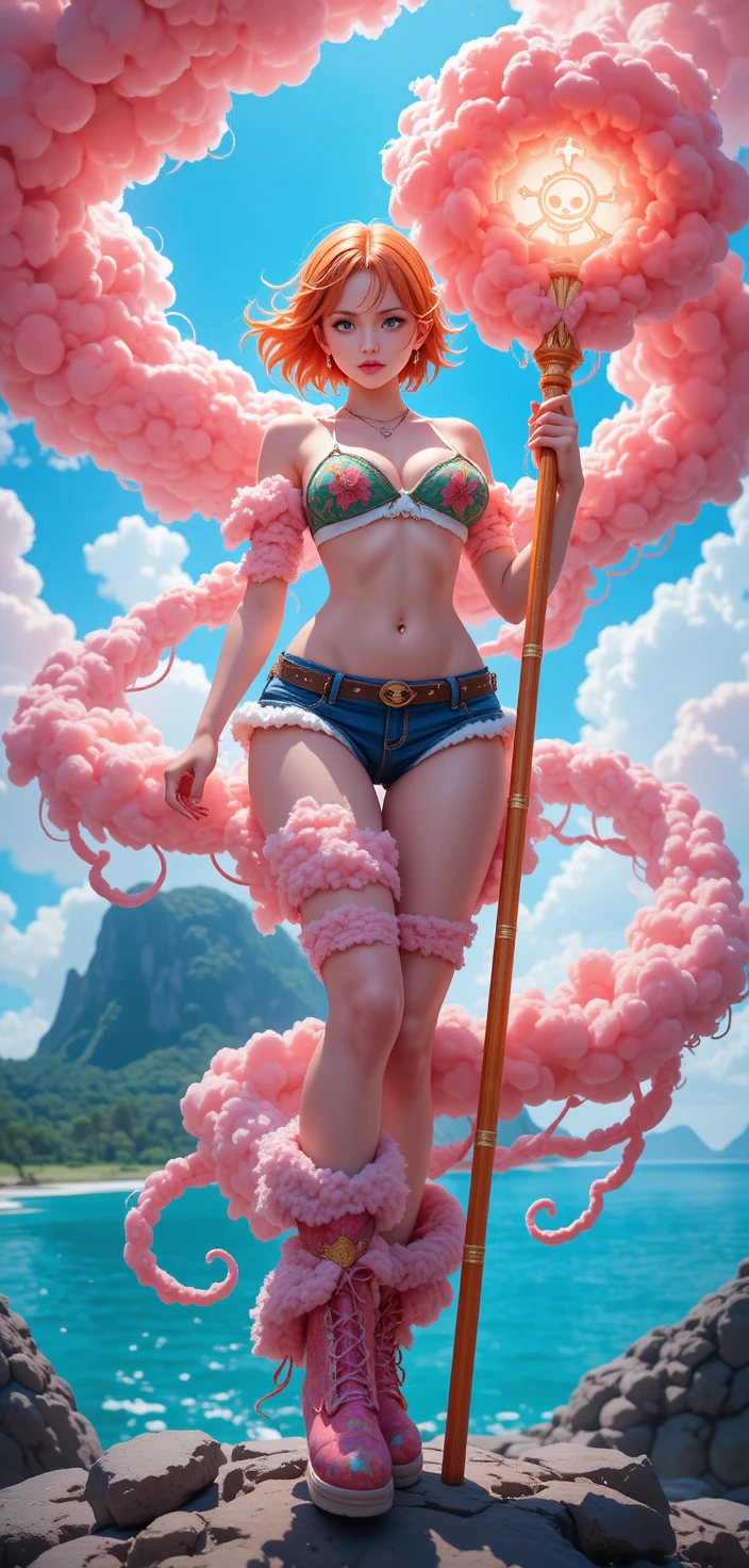 Anime warrior woman bound in swirling magical clouds