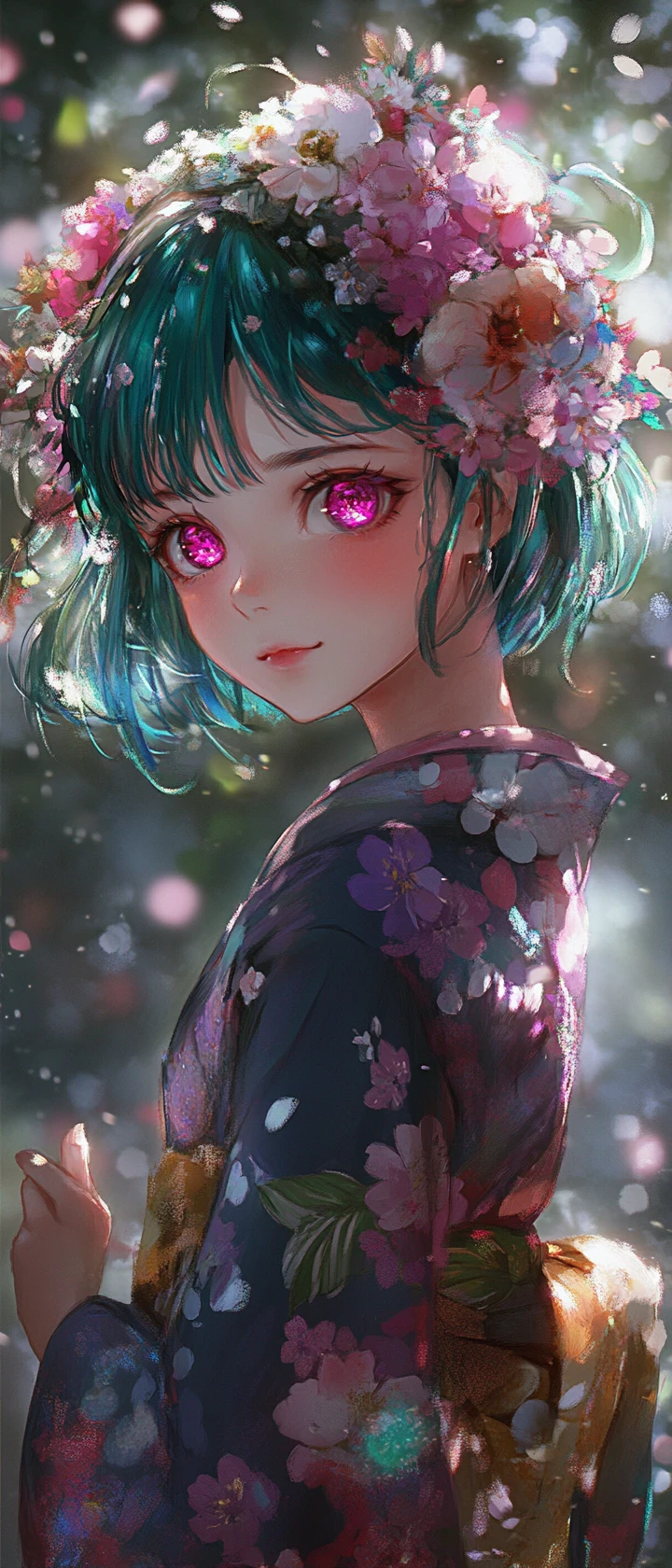 Anime girl in floral kimono with glowing blossom backdrop