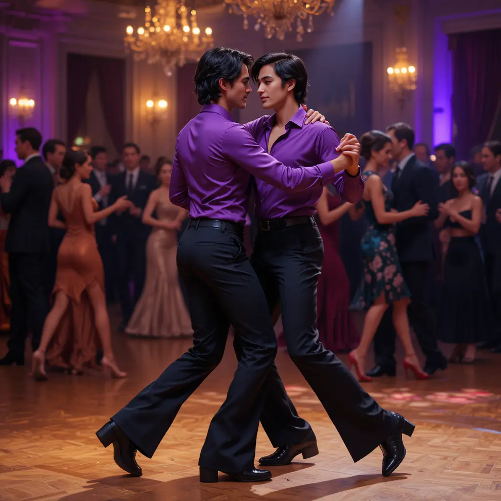 Young men dancing tango in a dim ballroom