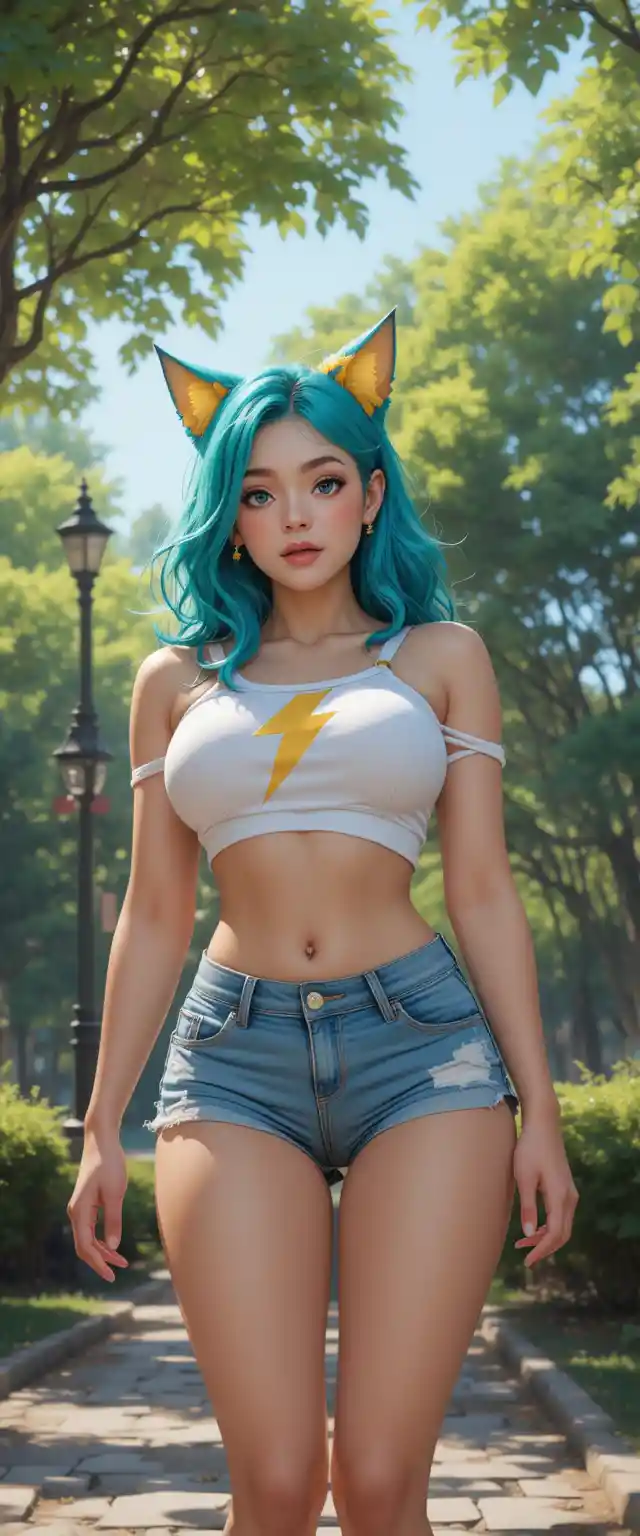 Teal haired cat eared girl relaxing barefoot in a park