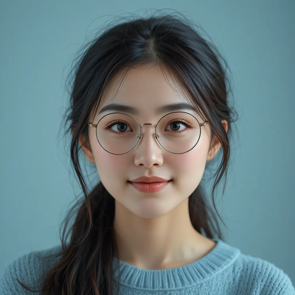 Young woman in glasses with soft smile portrait