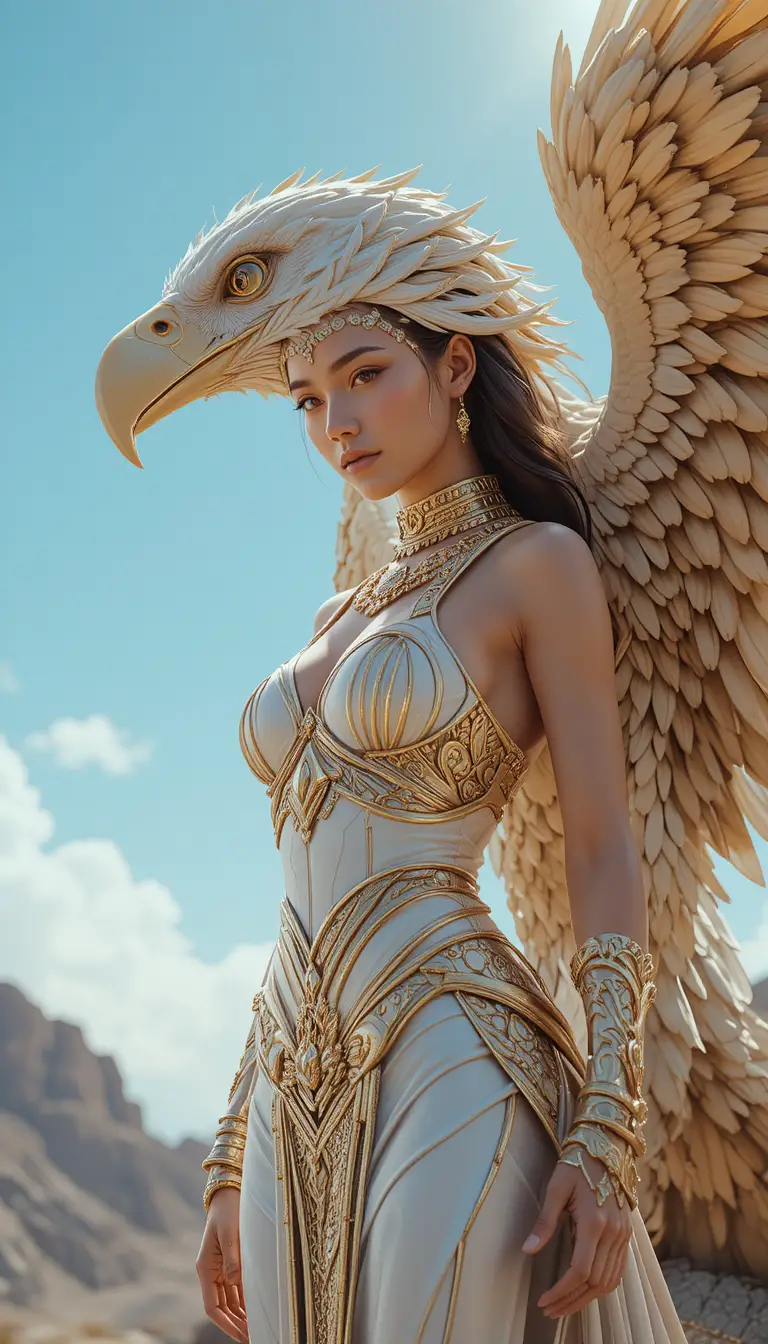 Futuristic Greek goddess with eagle under cinematic sky