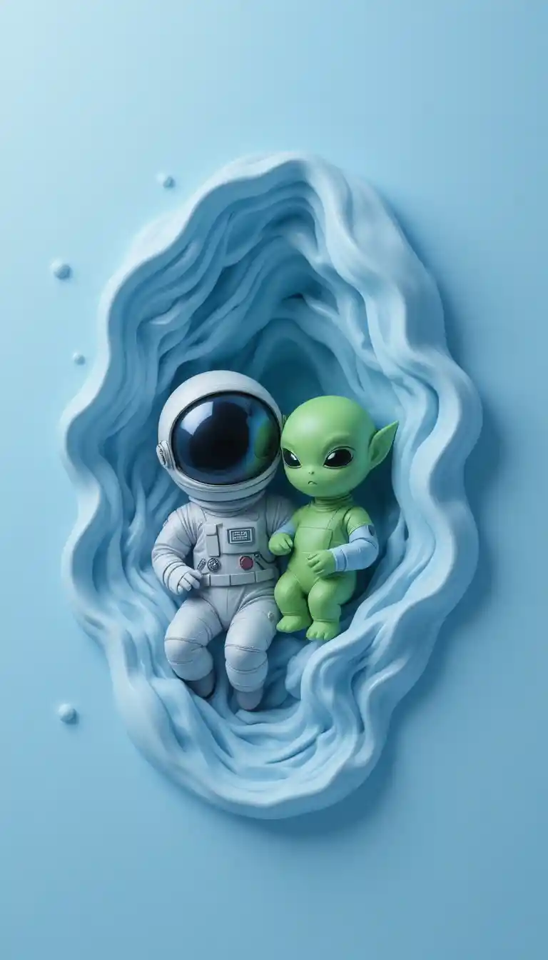 Cartoon astronaut and alien pressed into soft blue silicone