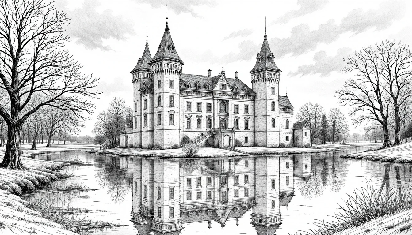 Medieval brick castle reflected in a calm lakeside scene