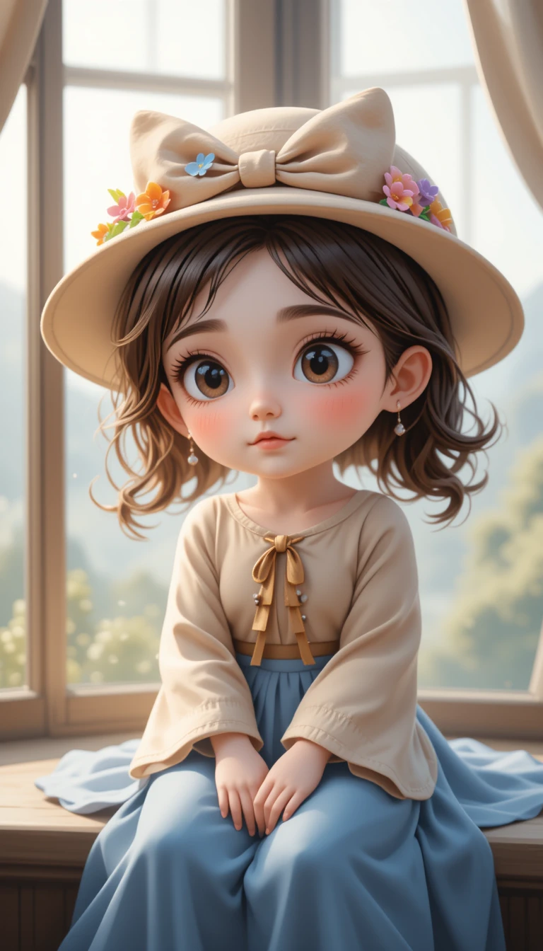 Fillette de dessin animé assise sur un rebord de fenêtre dans une douce lumière pastel