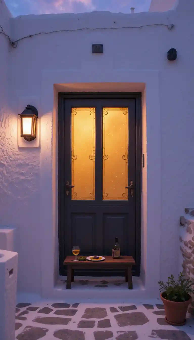 Gemütliche griechische Haustür, die im Abendlicht warm leuchtet