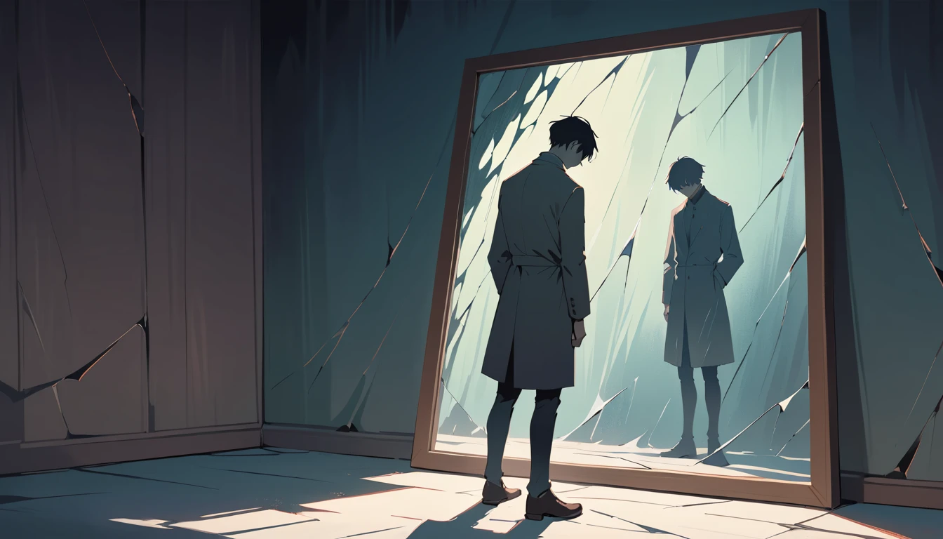 Lonely man facing his reflection in a cracked mirror