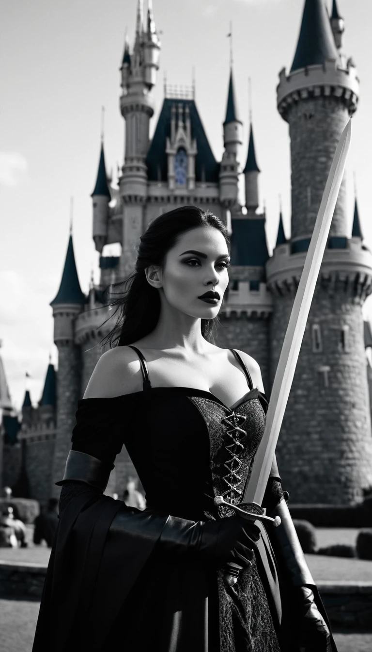 Kriegerin mit Schwert vor einem drohenden Fantasy-Schloss