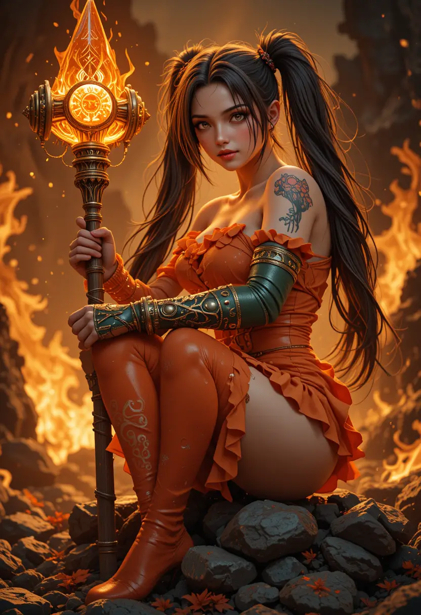 Giant warrior girl towering above flames with playful wink