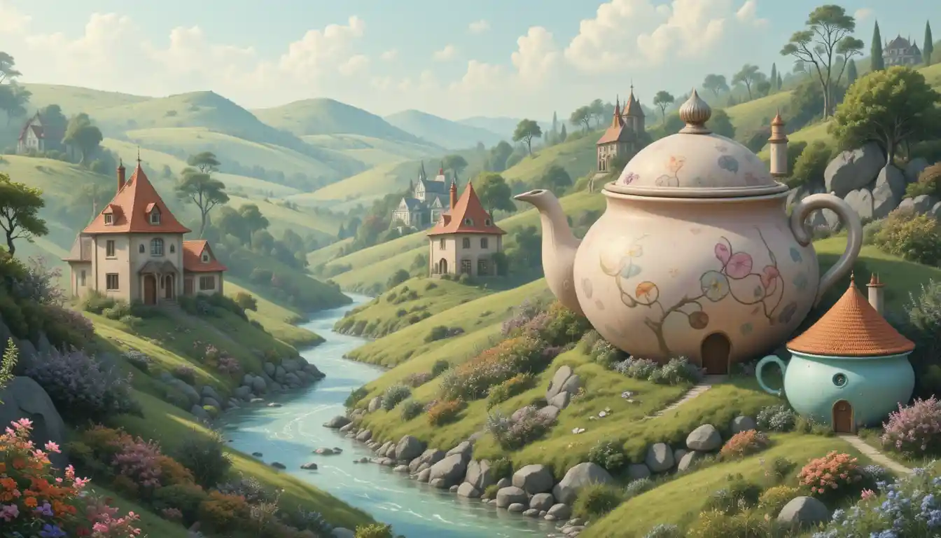 Whimsical Teapot City In A Pastel Dreamlike Valley