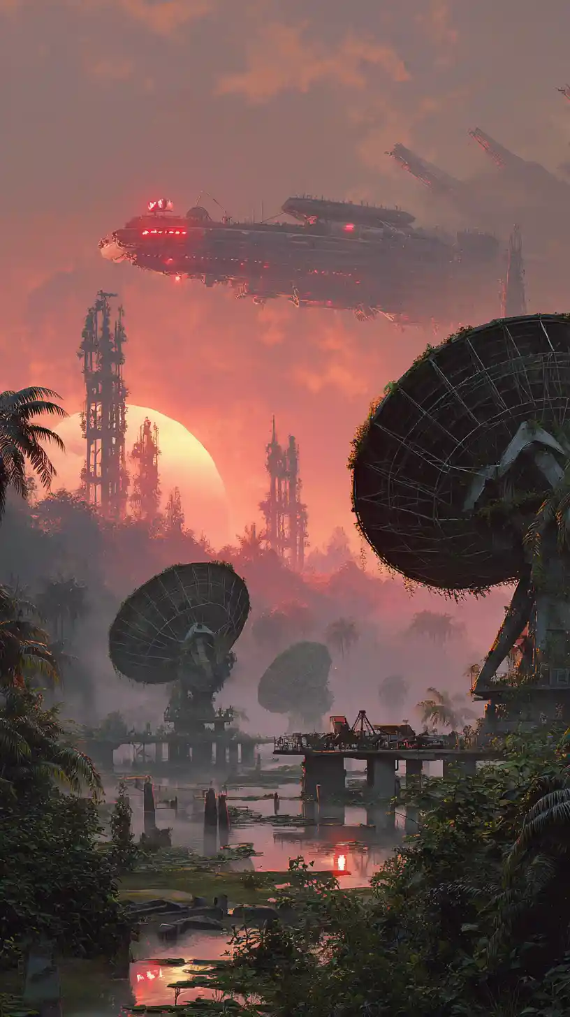 Futuristic spacecraft over decaying satellite dishes at sunset