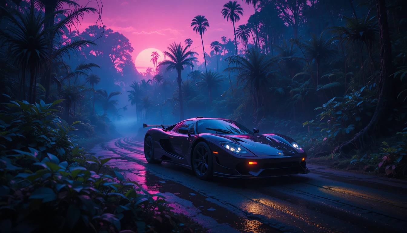 Futuristic sports car racing through a neon lit jungle