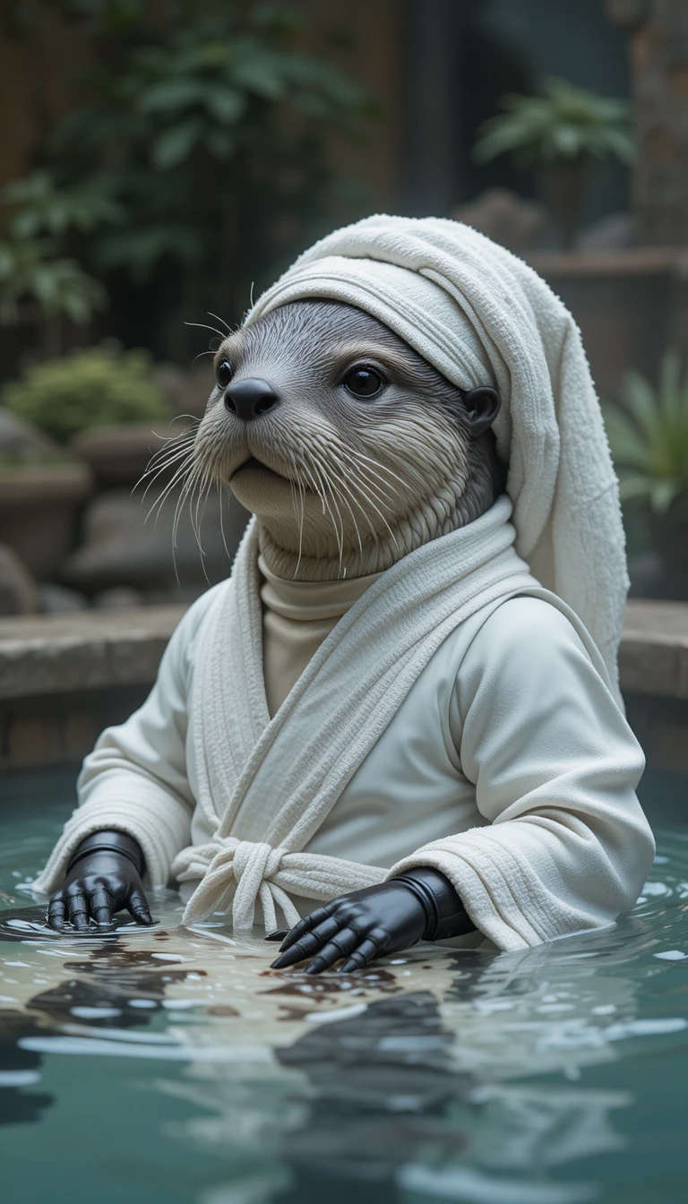 Roboter-Seeotter entspannt in einer heißen Quelle mit Handtuch
