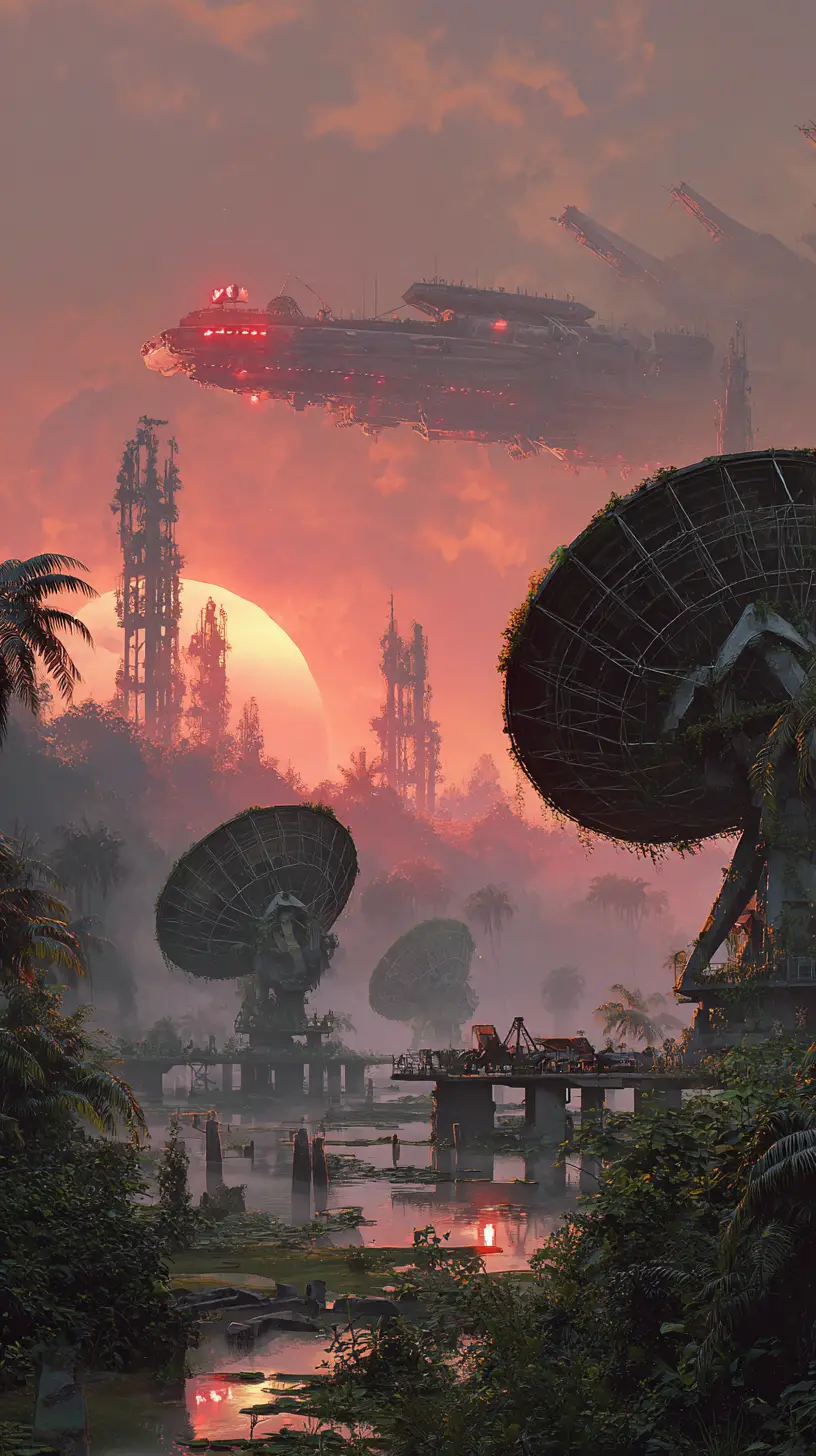 Futuristic spacecraft over decaying satellite dishes at sunset