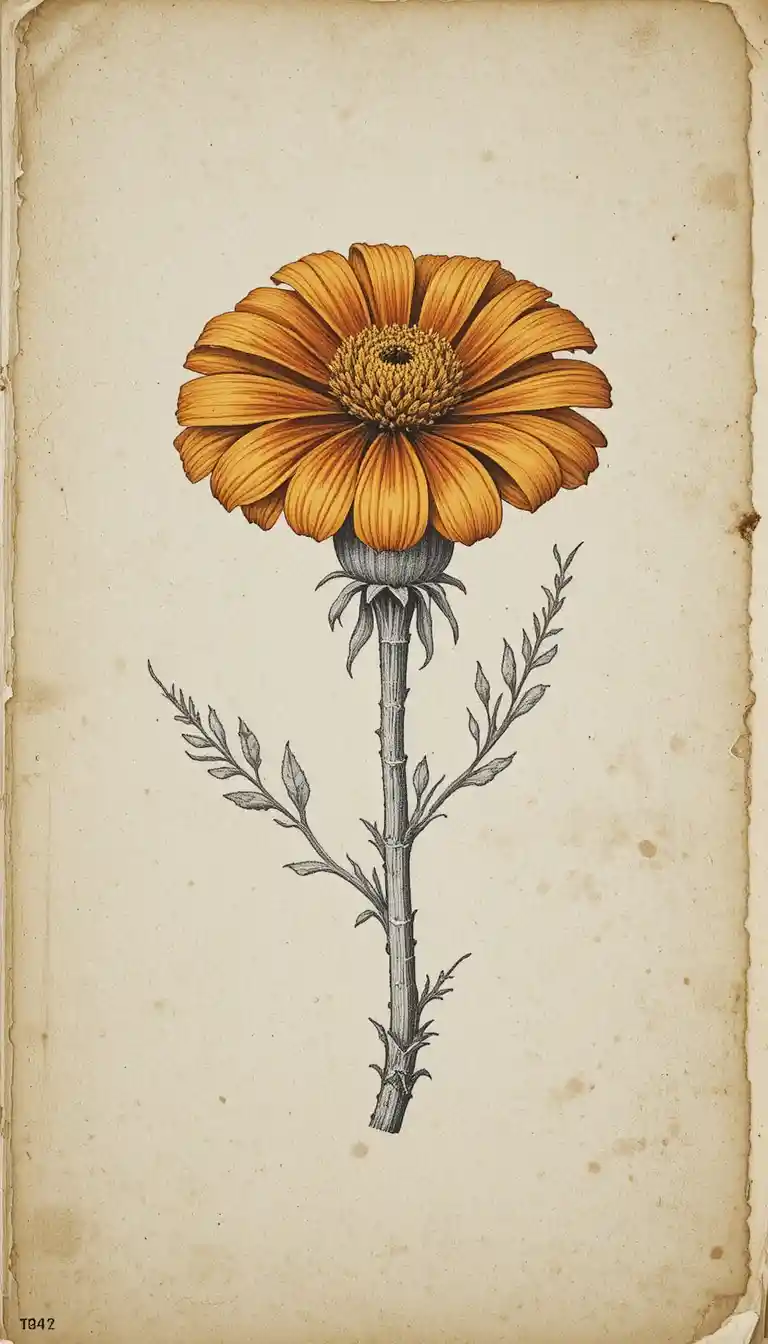 Incisione botanica di una singola calendula su carta pergamena invecchiata