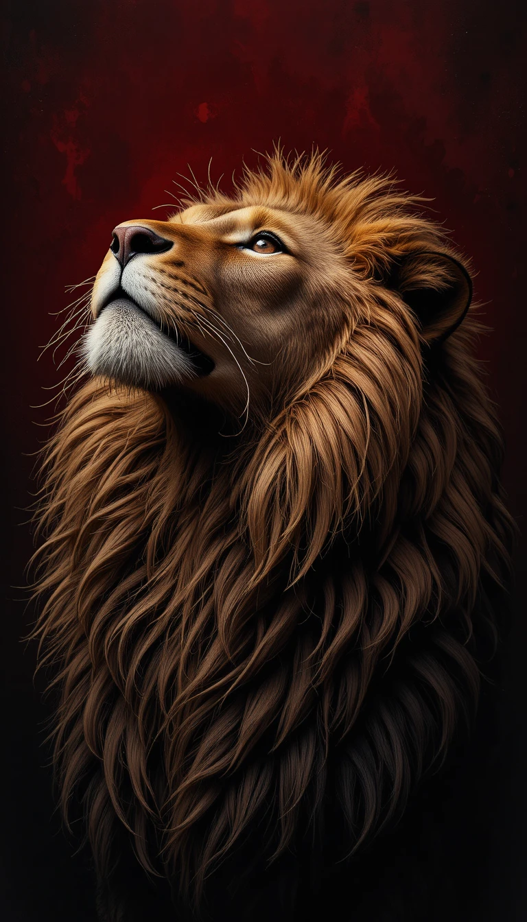 Lion Portrait Looking Upward Against Dark Crimson Background