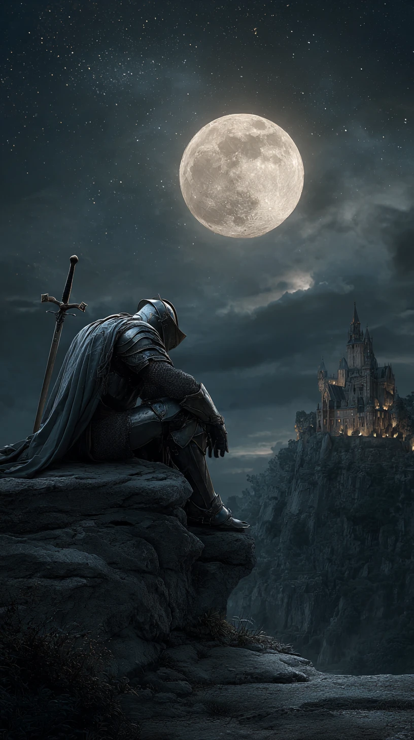 Caballero medieval solitario en un acantilado bajo la luna llena