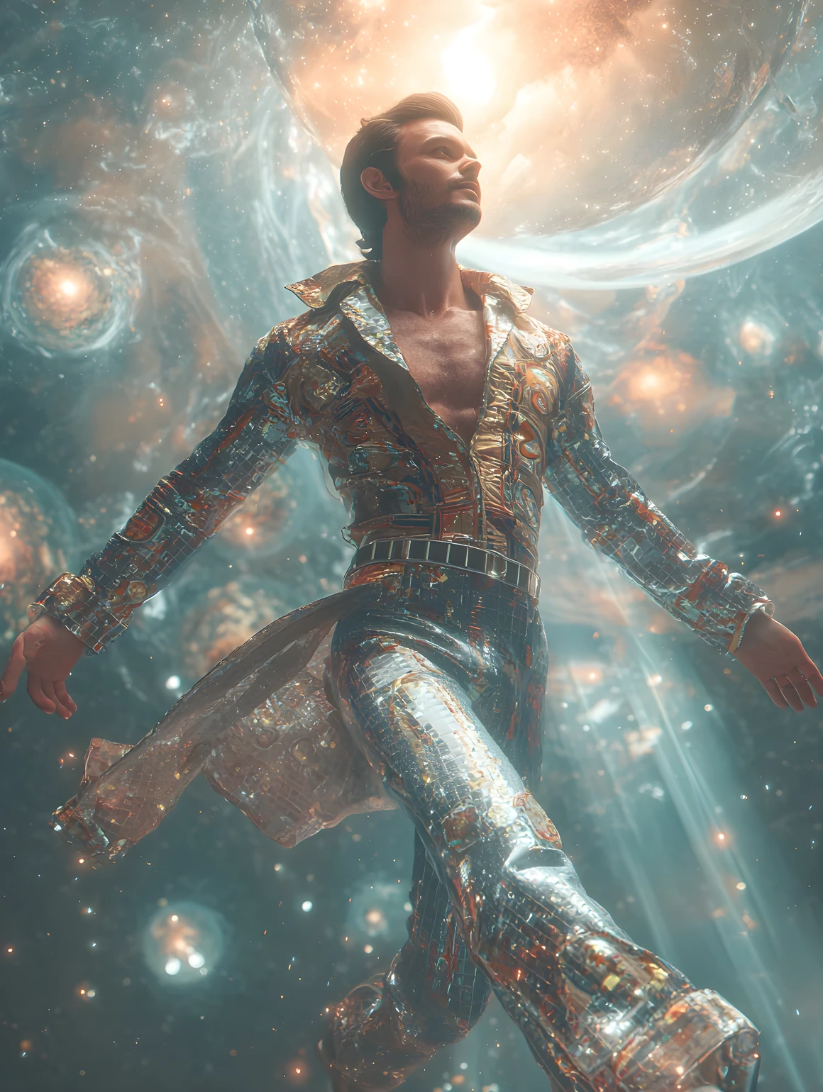 半透明の宇宙服を着た男性が光り輝く銀河を飛行する