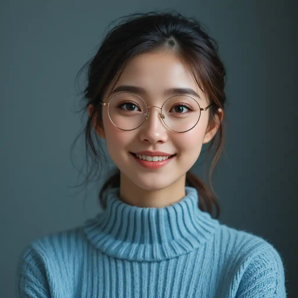 Young woman in glasses wearing a light blue knit sweater