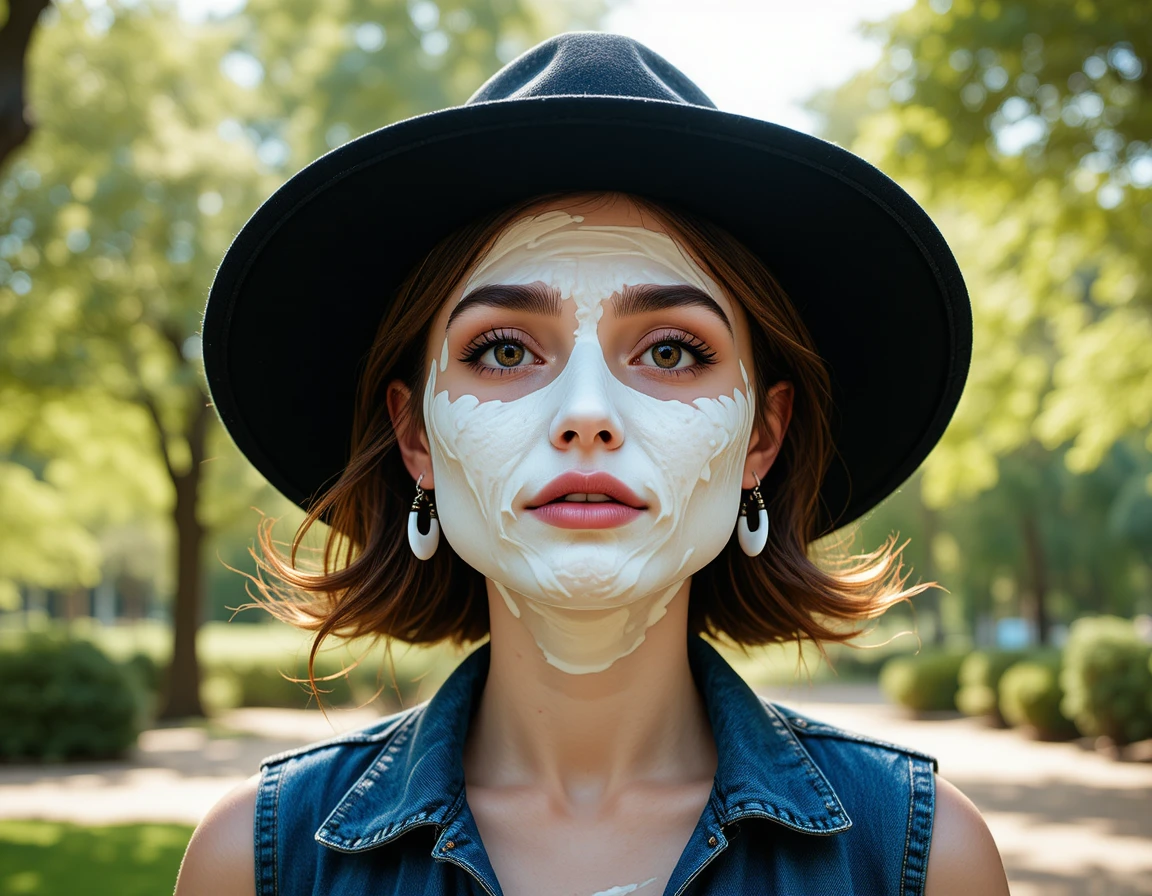 Young woman with whipped cream on face in outdoor park