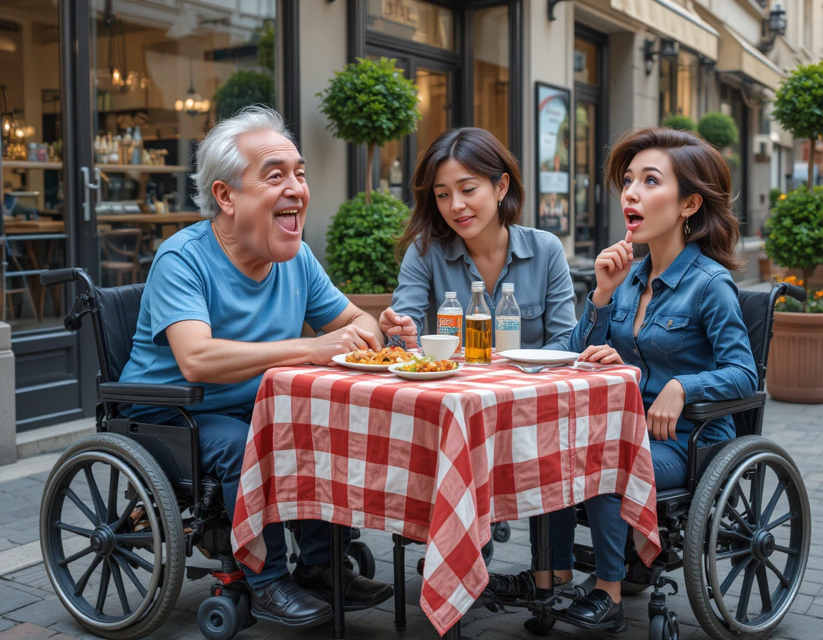 Amis à une table de pique-nique urbaine devant un restaurant de rue
