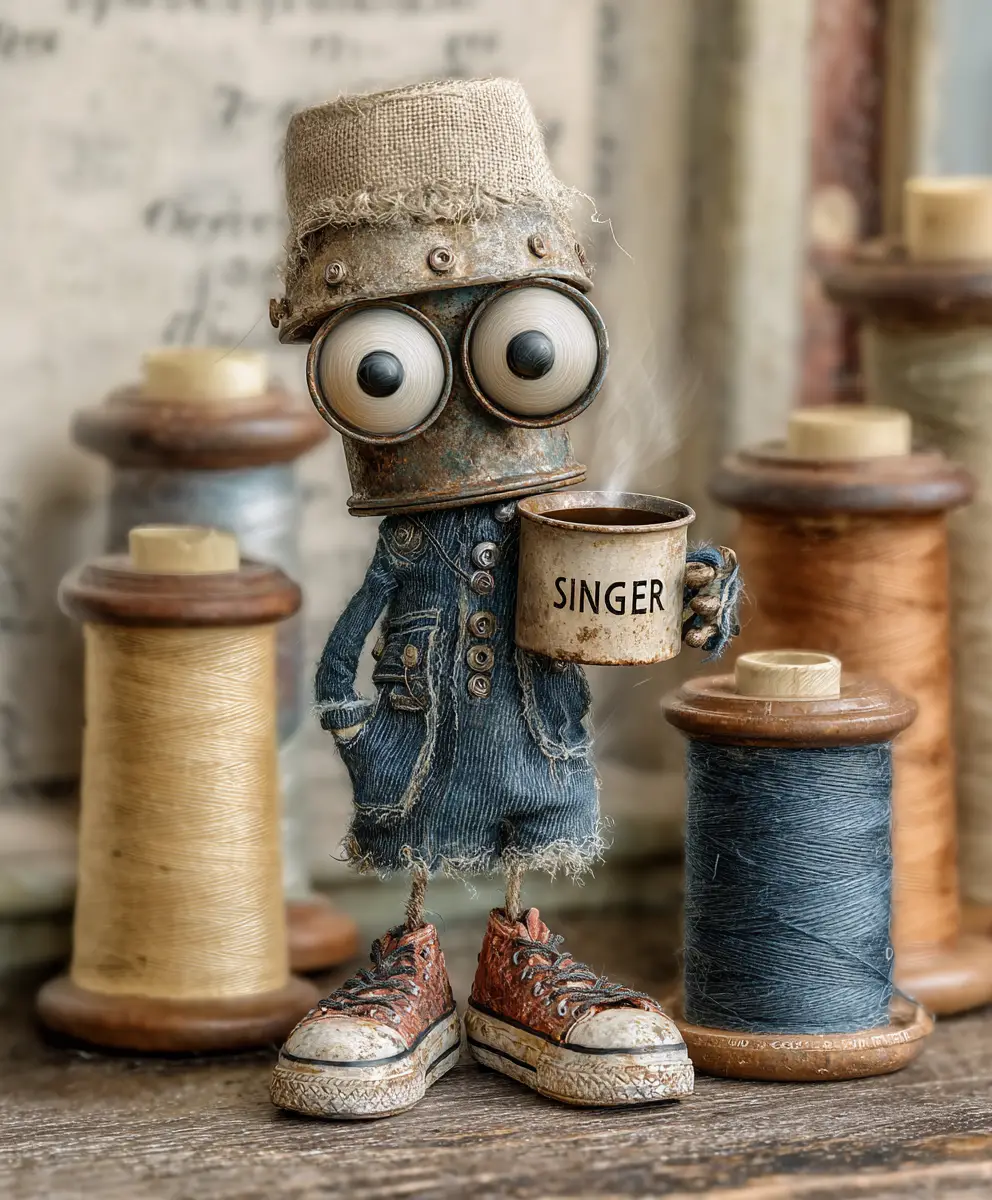 Playful thimble character on vintage sewing machine cabinet