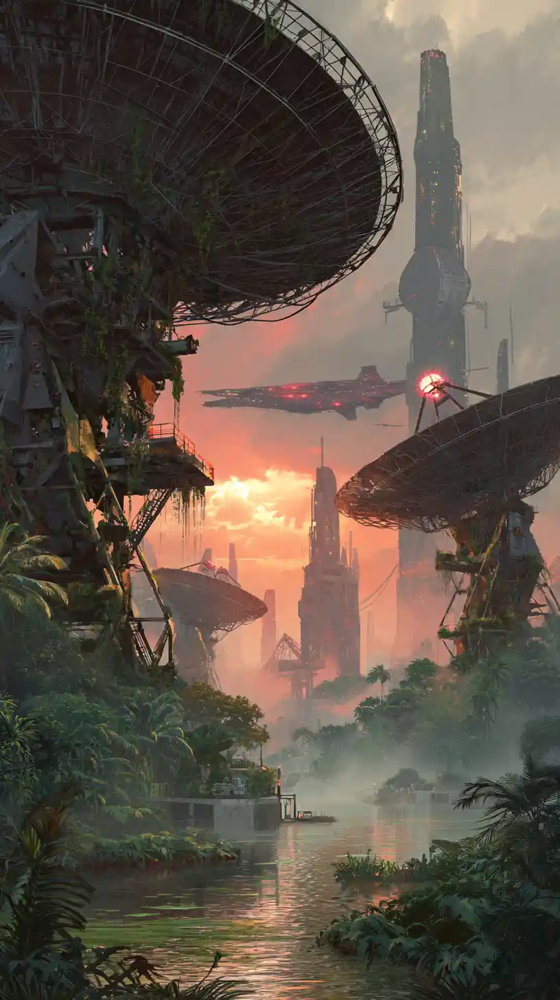 Dystopian spacecraft overgrown satellite ruins at sunset