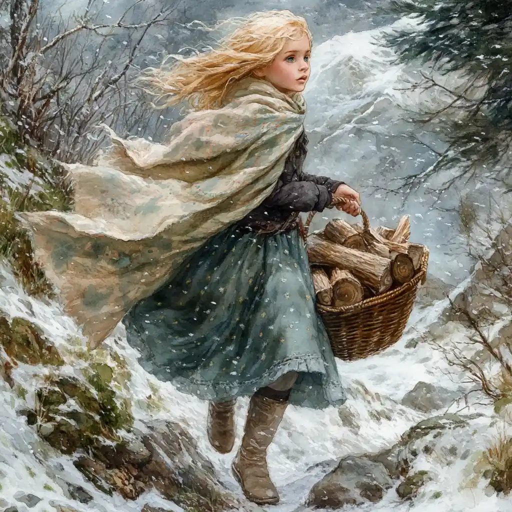 Young girl carrying firewood through stormy mountains