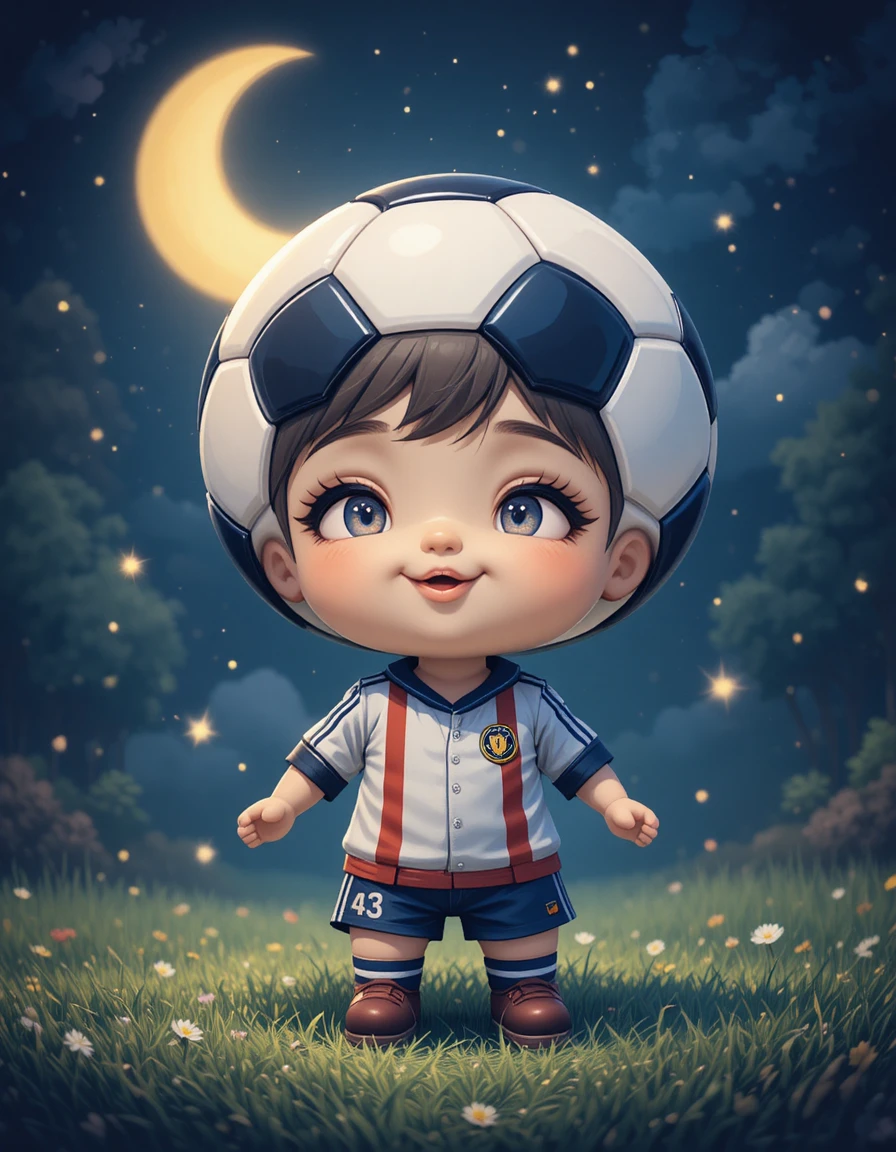 Süße Puppe mit Fußballkopf lächelt in guter-Nacht-Vektorillustration