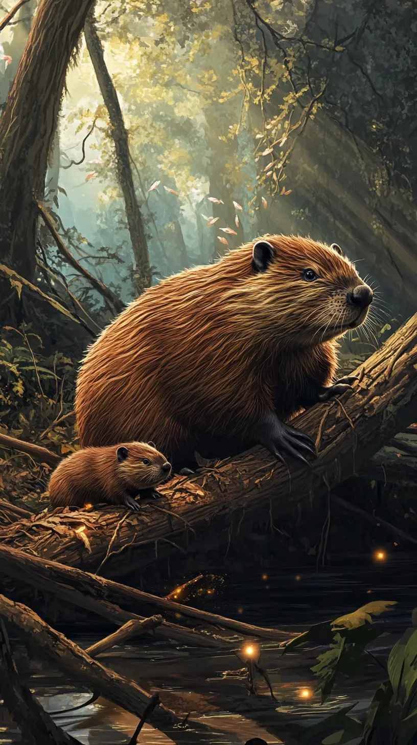 Beaver family building a lodge on a peaceful riverbank