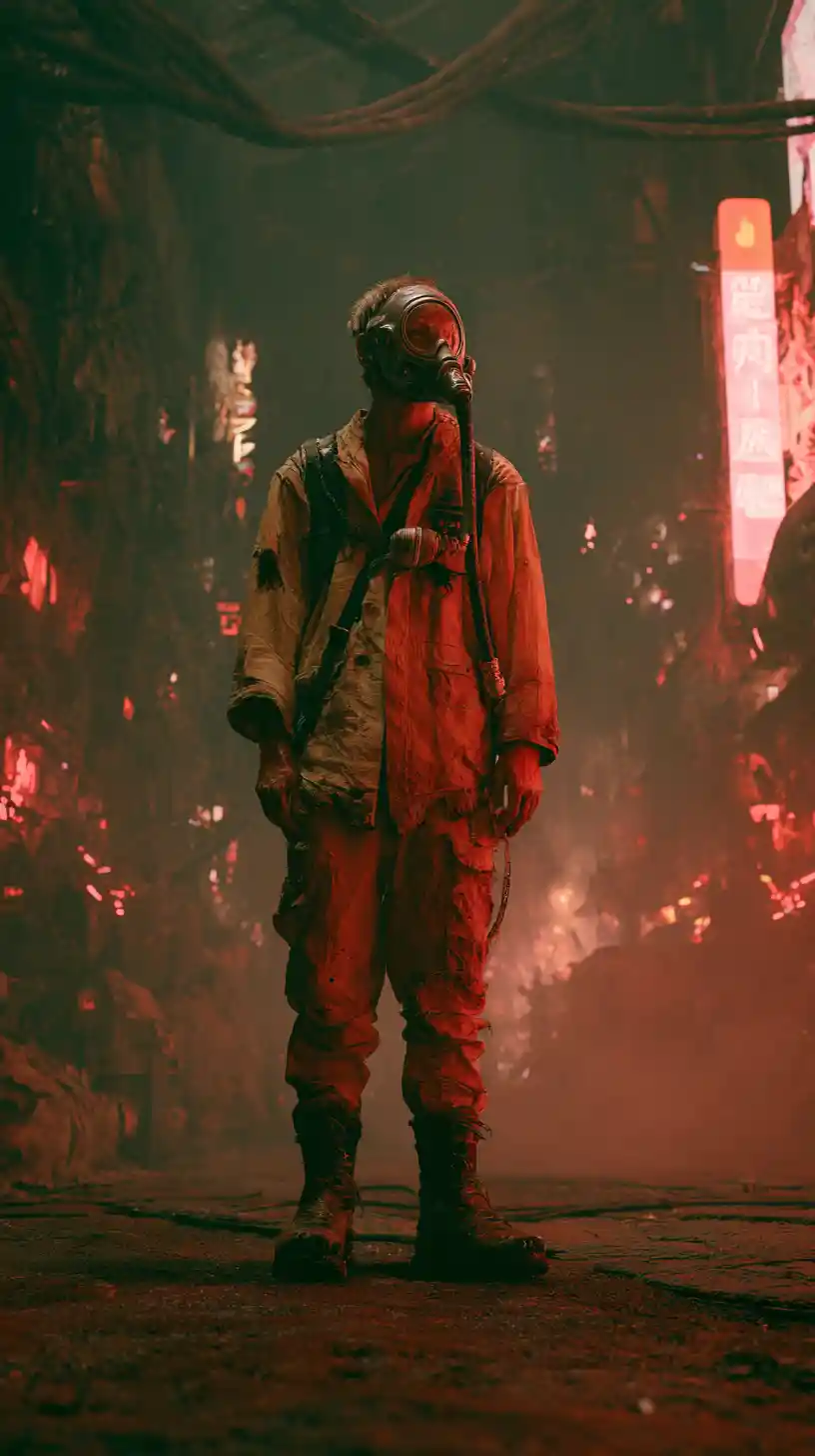 Skinny man in dystopian alien city at night