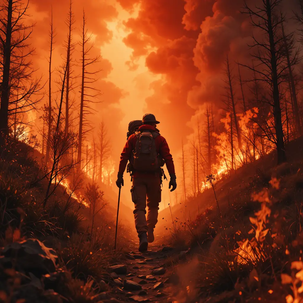 Hiker fleeing through a blazing wildfire landscape with urgency