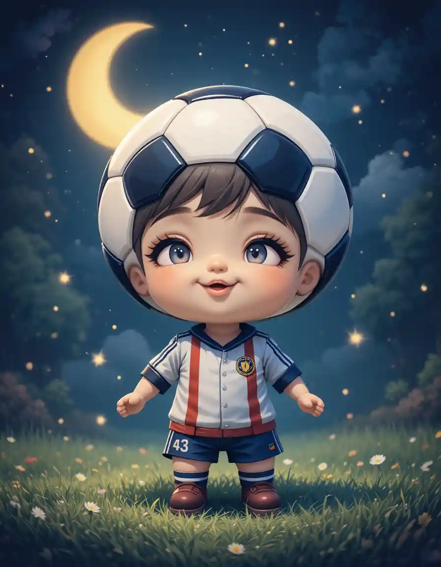 Süße Puppe mit Fußballkopf lächelt in guter-Nacht-Vektorillustration
