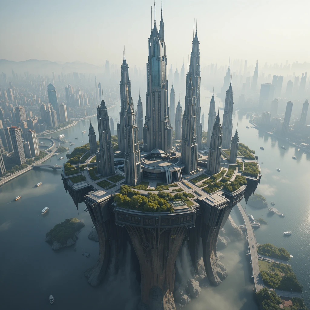 Città futuristica su un’isola con torri e auto volanti