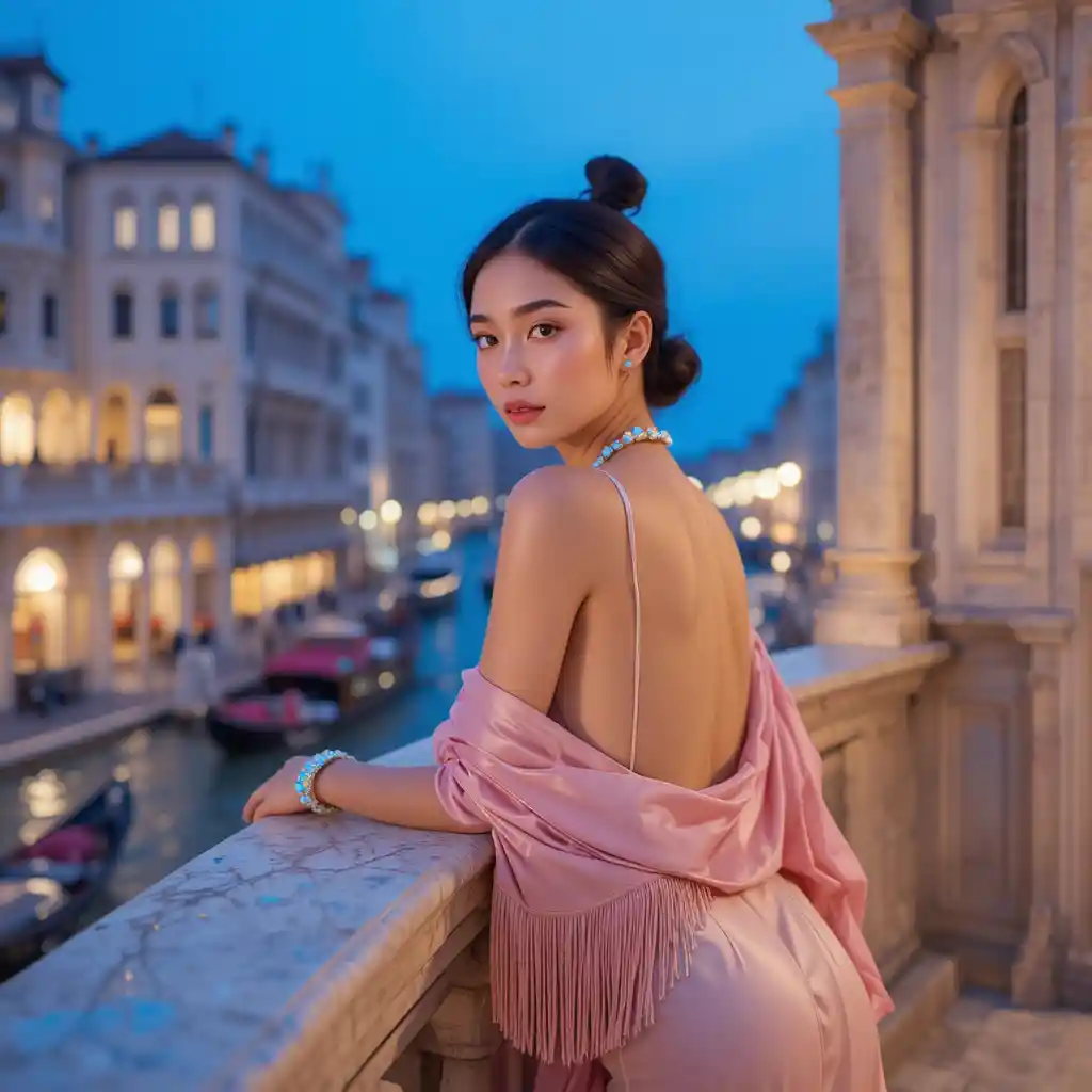 Elegante mulher coreana com vestido de cetim rosa na varanda