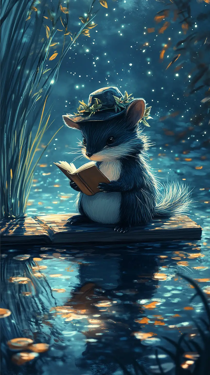 Whimsical Skunk Reading By A Moonlit Pond