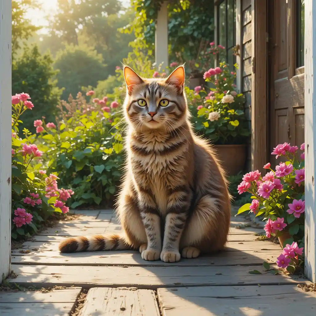Gatto calmo che riposa su un vecchio portico di legno alla luce del sole