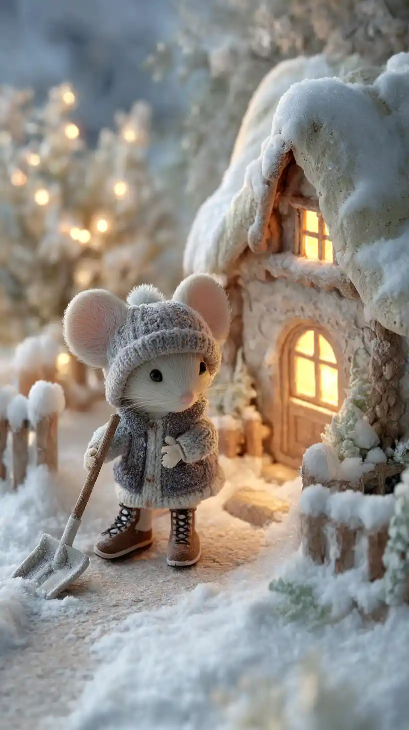 Cute Mouse Shoveling Snow Outside A Cozy Mouse House