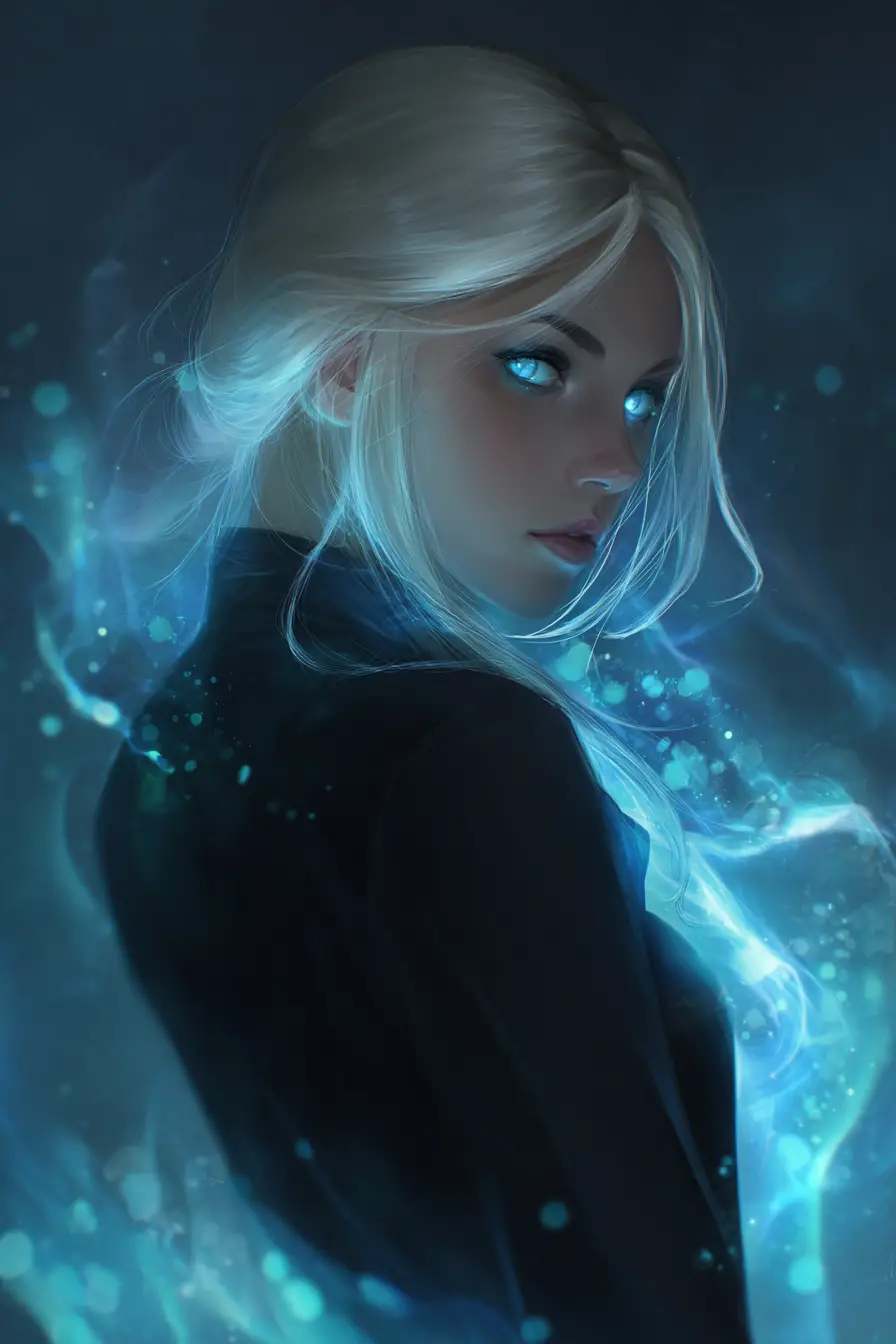 Mysterious anime woman with glowing electric blue eyes