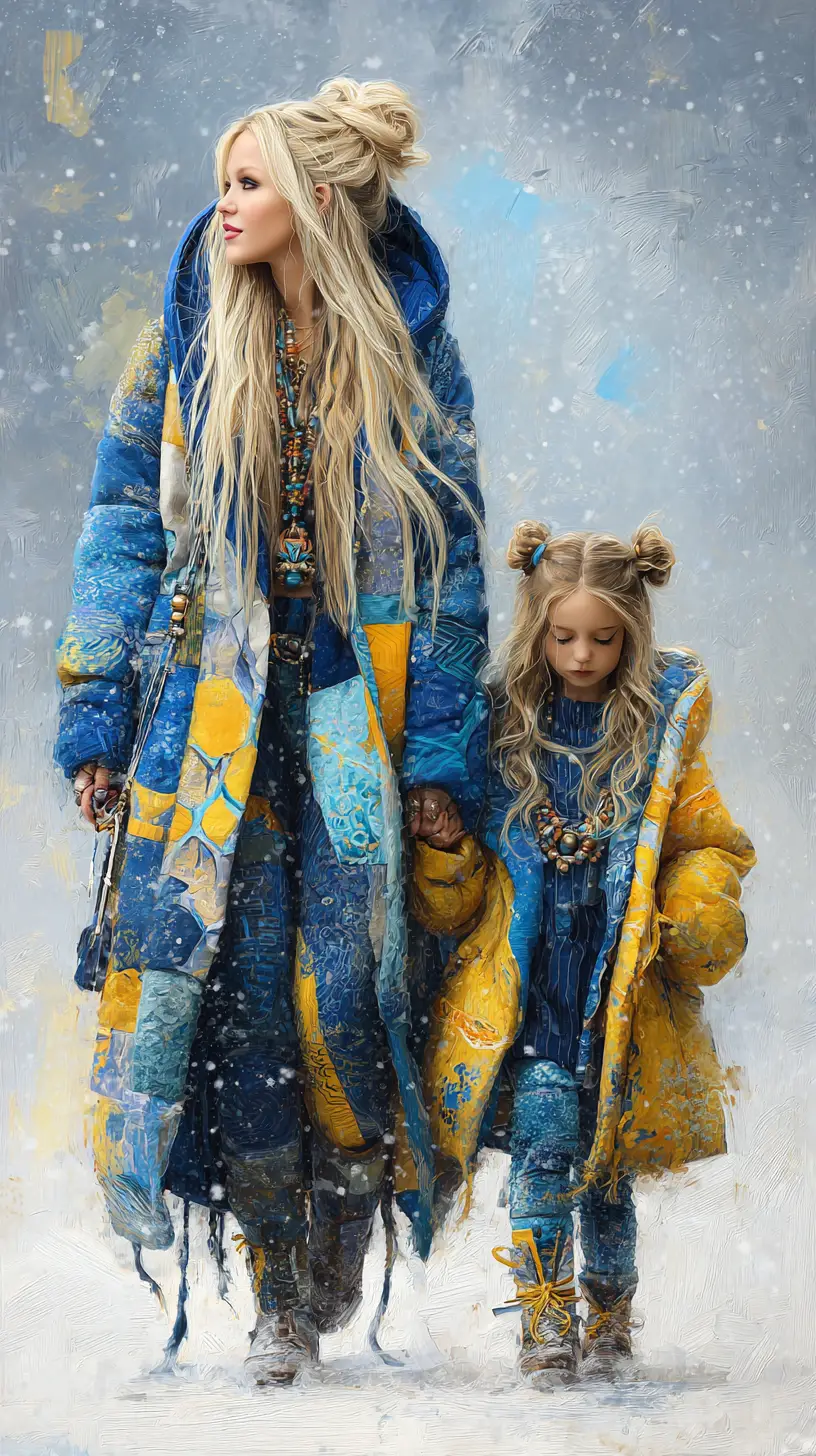 Woman And Child In Patchwork Coats Walking Through Snowstorm
