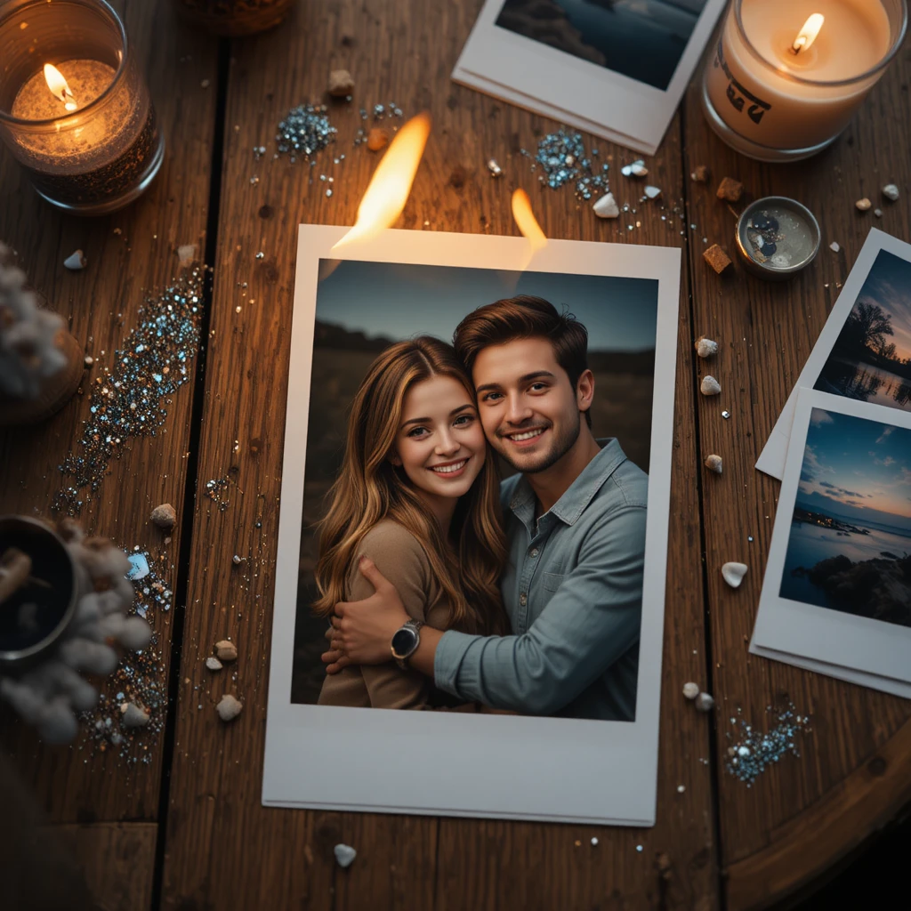 Brennende Fotografie eines glücklichen Paares auf Holztisch