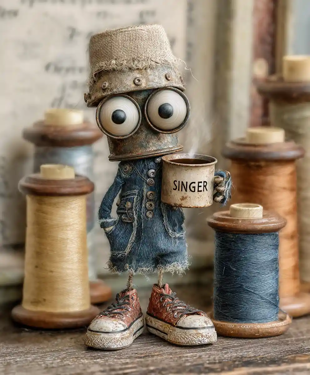 Playful thimble character on vintage sewing machine cabinet