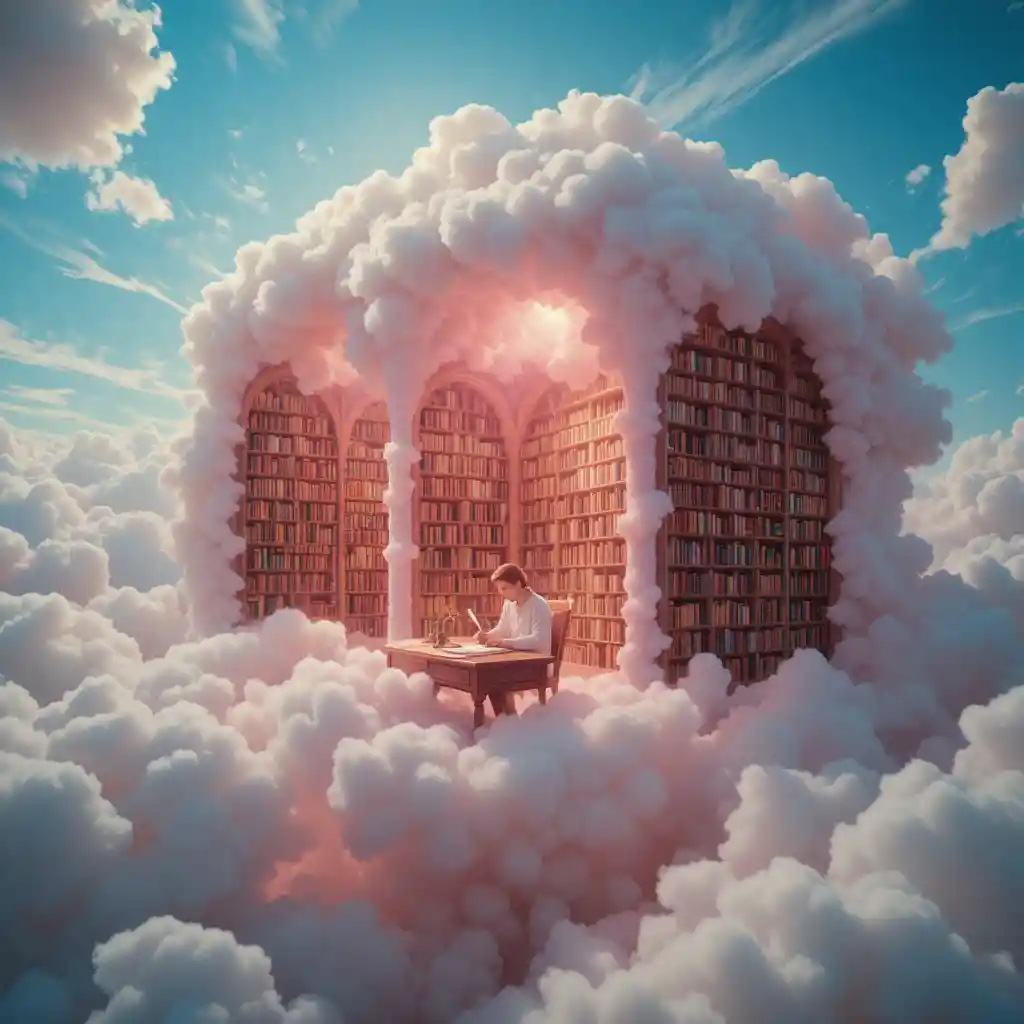 Floating cloud library bathed in soft pink light