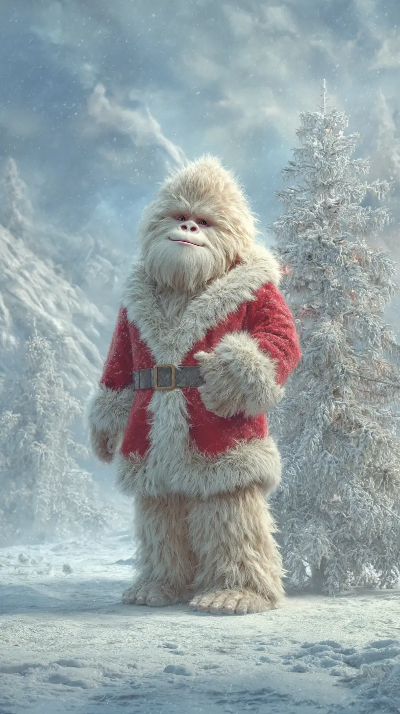 Cute yeti dressed as Santa in snowy Christmas scene