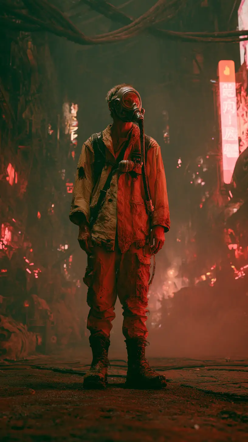 Skinny man in dystopian alien city at night