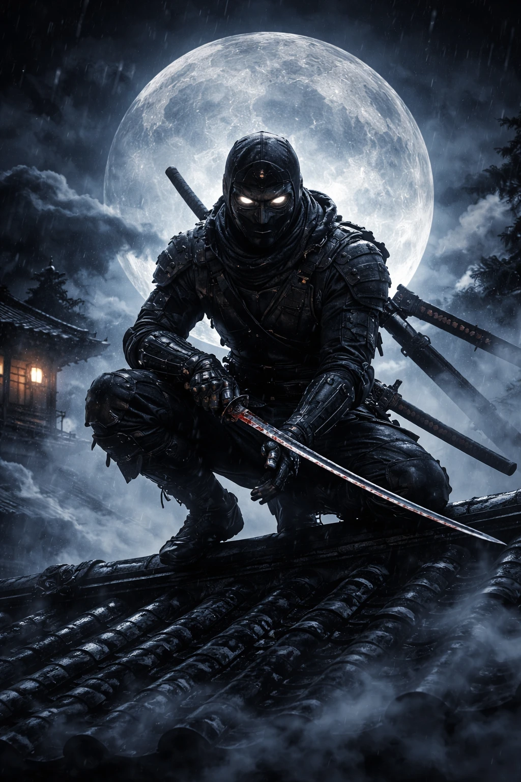 Ninja crouched on a Japanese rooftop under the moon