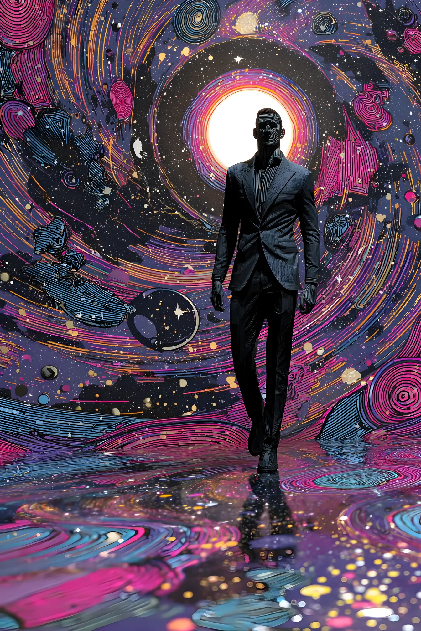 Charismatic spaceman in sleek suit crossing a vibrant galaxy