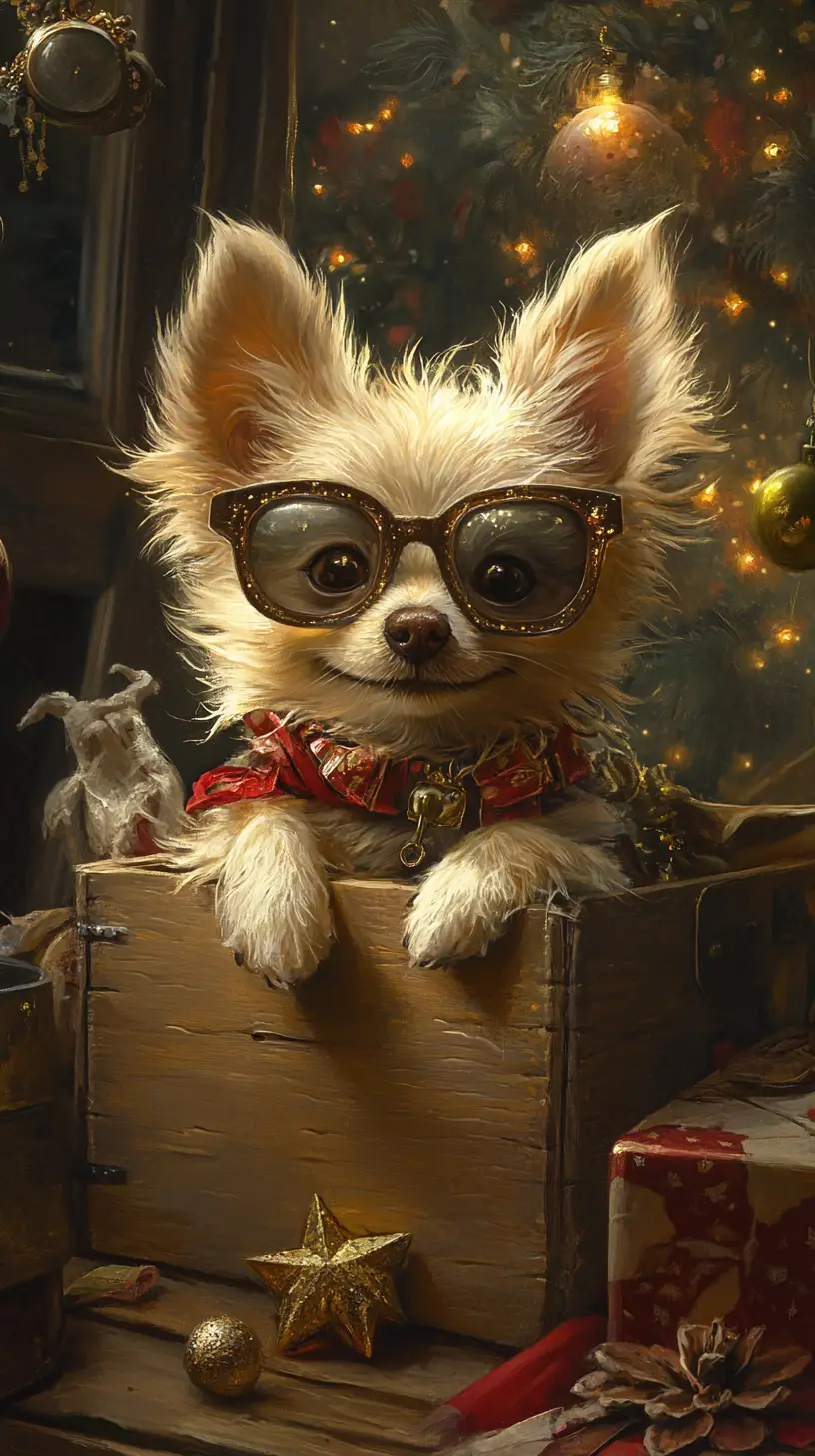 Cute fluffy dog sitting on an old wooden box