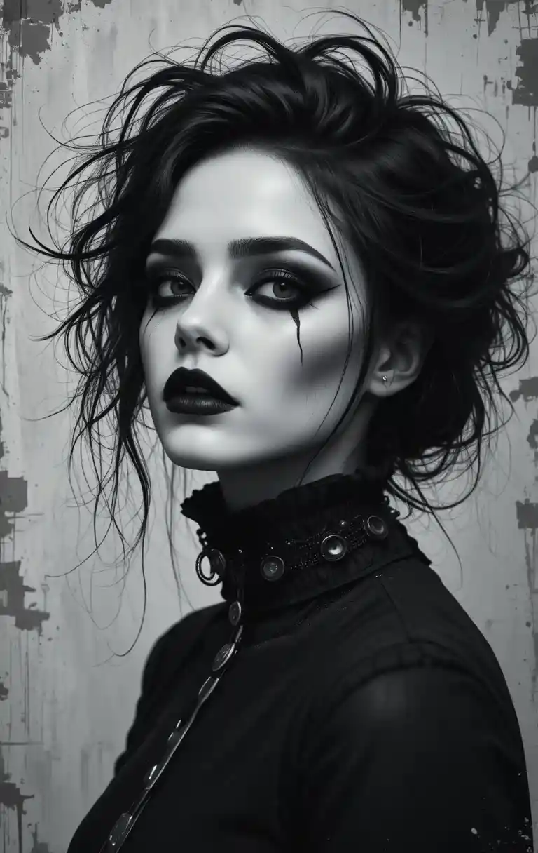 Pale woman in black with haunting high contrast style